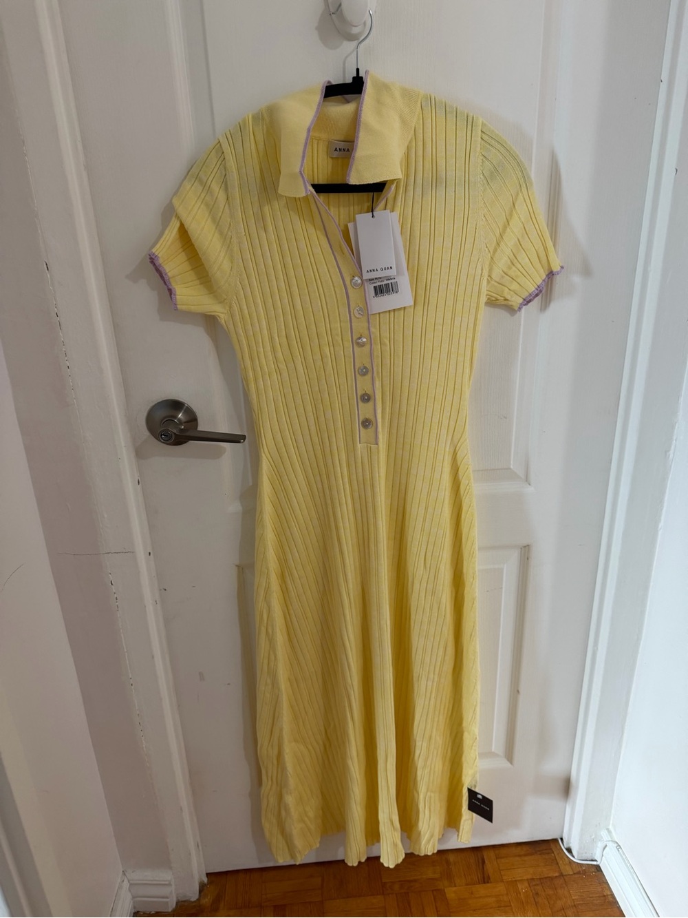 Anna Quan Yellow Ribbed Maxi Polo Dress with Lavender Trim